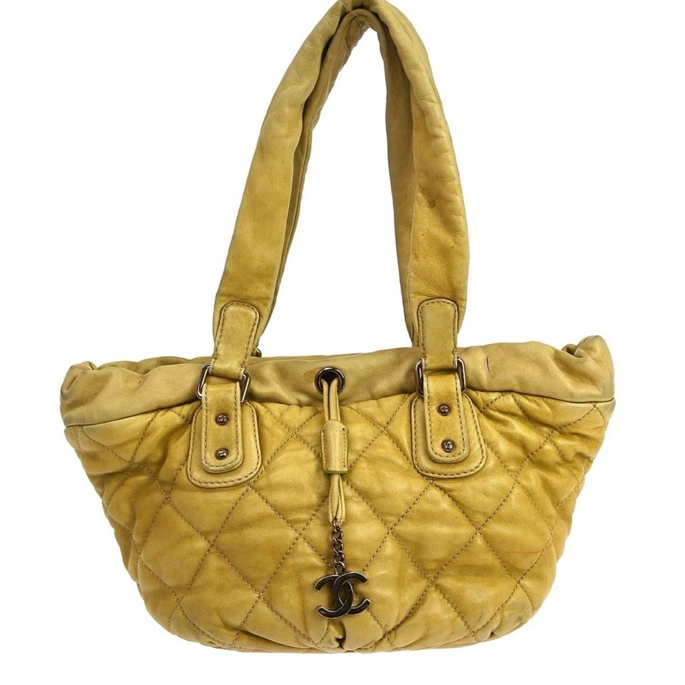 Authentic CHANEL cloudy bundle quilted east west beige leather tote